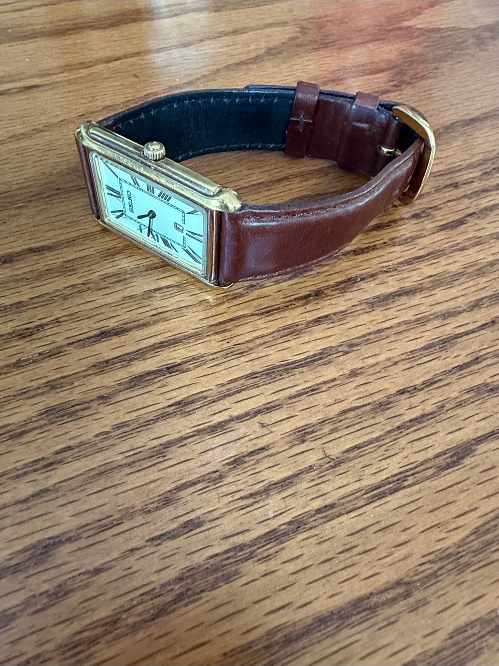 Seiko Gold-Tone Rectangular Watch with Brown Leather Strap - Picture 3 of 5